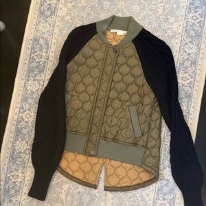 Veronica Beard Olive Quilted Bomber with Black Knit Sleeves